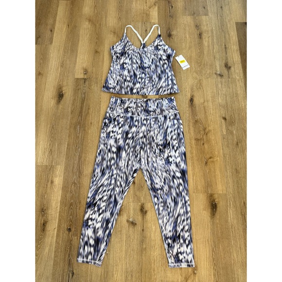 Kinesis Pants - Kinesis Abstract Print Activewear Set Women 1X Blue White Tank Leggings Pockets